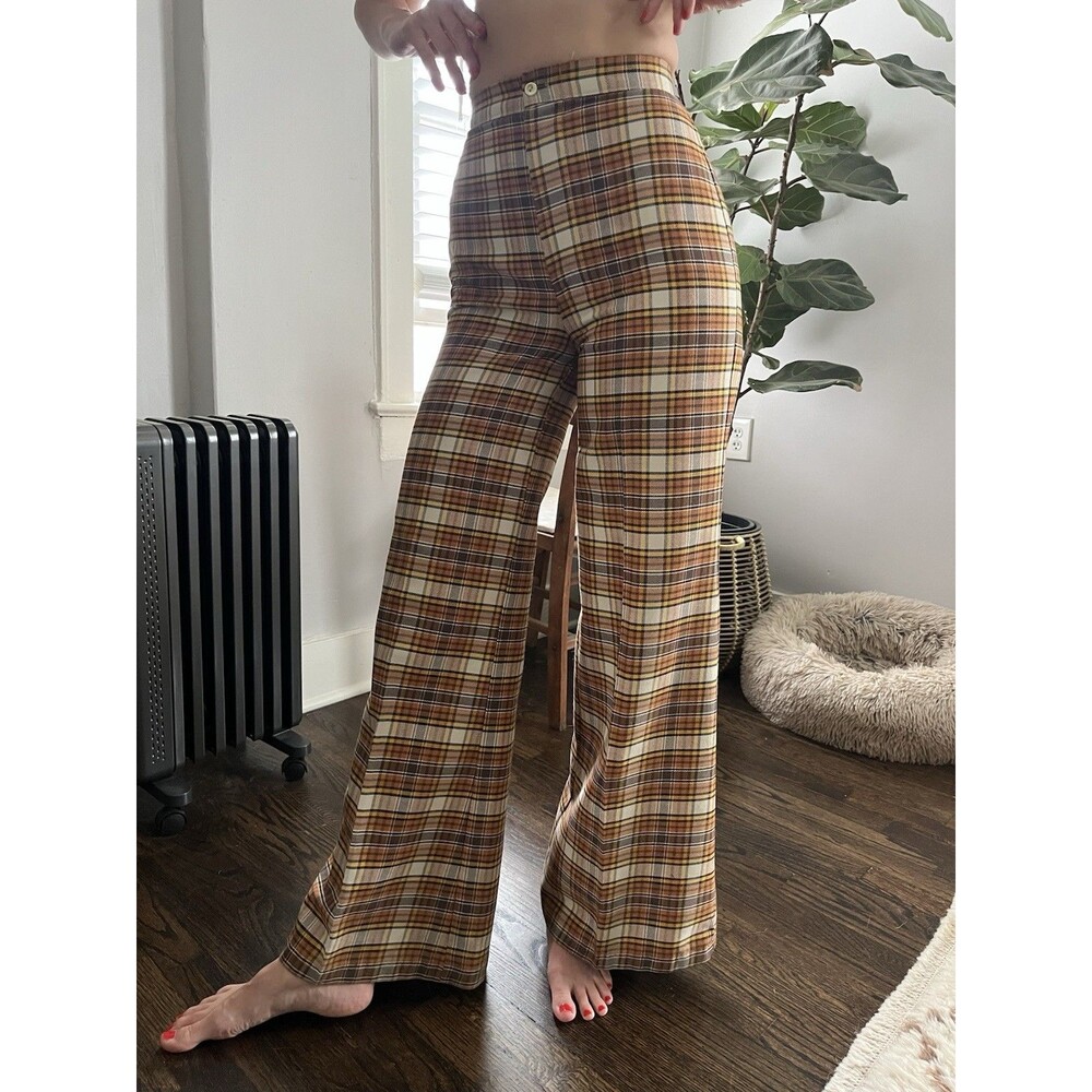 Vintage 70s Wool Plaid Wide Leg Trousers Ultra High Waisted Women's Size 24